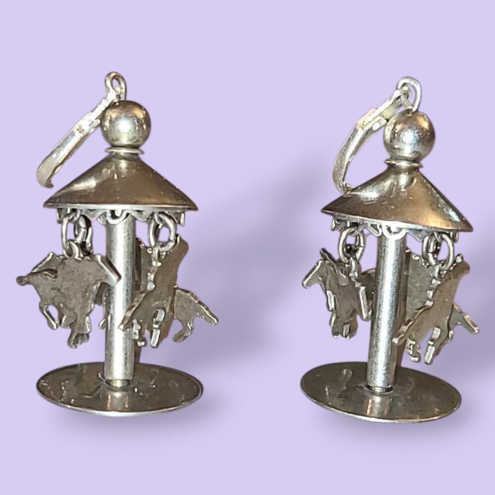 Estate Silver-Tone Carousel Horse Drop Earrings - Picture 3 of 6